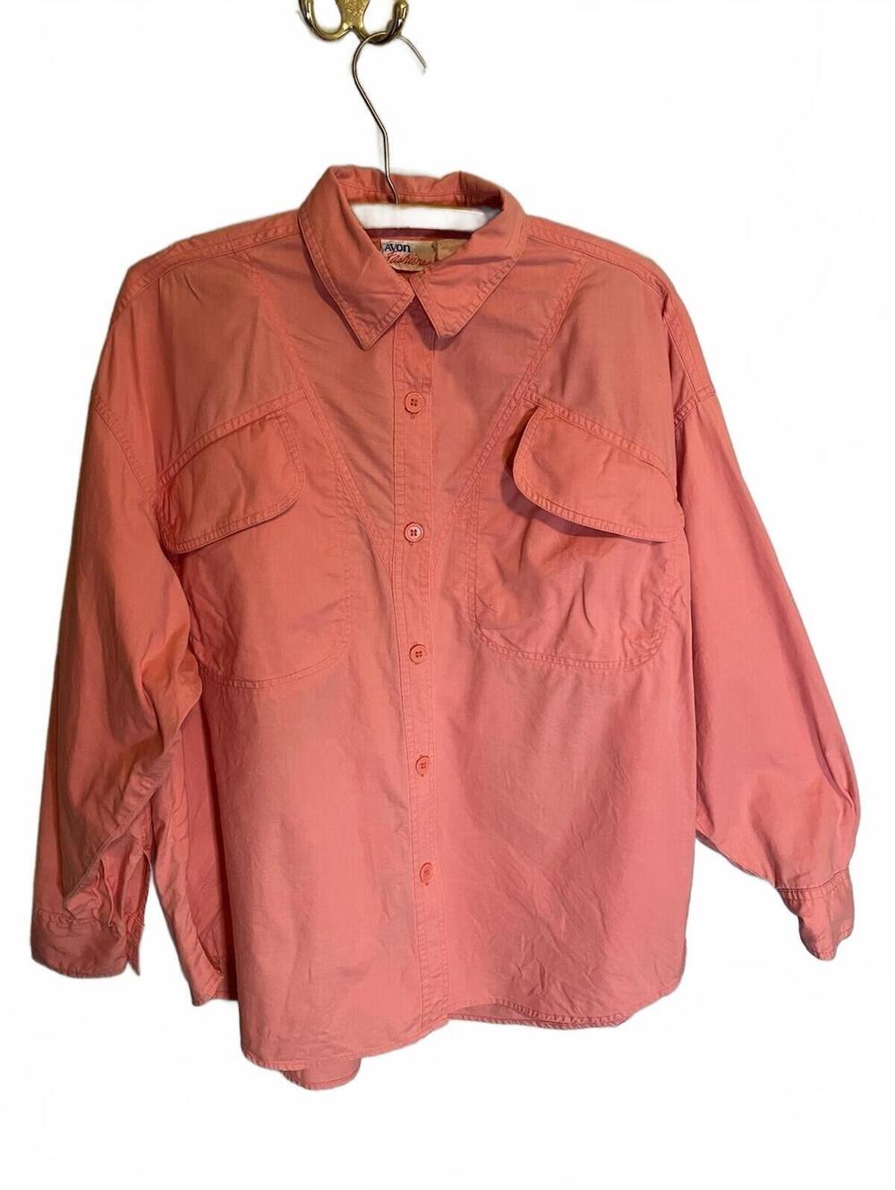 VTG Avon Fashions Salmon Pink Long Sleeve Button Down 80s 90s Slanted Pocket XL